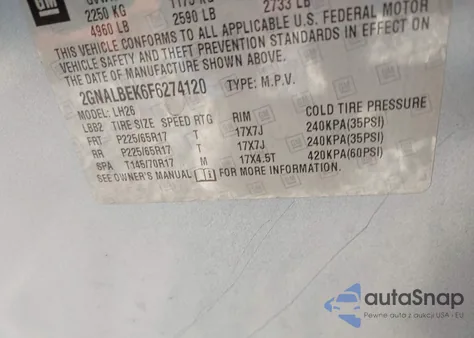 2015 Chevrolet Equinox 1Lt z USA, uszkodzony, nr VIN 2GNALBEK6F6274120